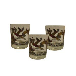 3 Glass Tumblers Red/Gold Bird Design
